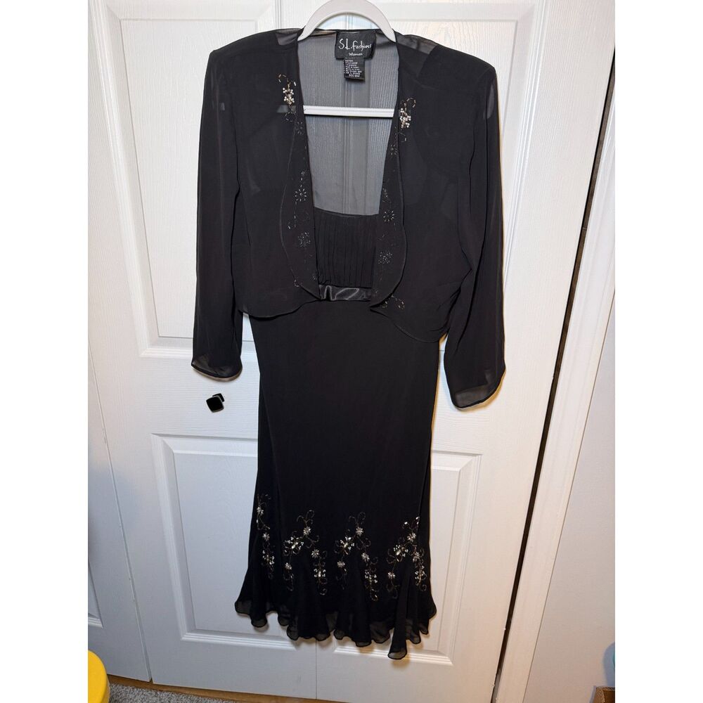 SL Fashions 2 Pc Black Beaded Evening Dress Jacket Set Women's Plus 16W
